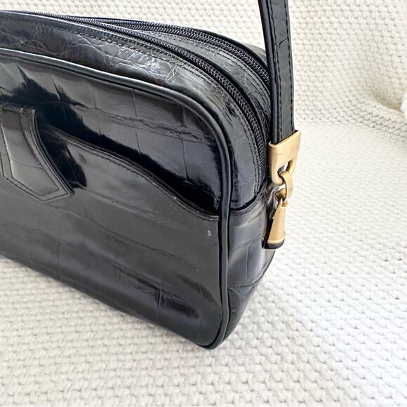 Sondra Roberts Vintage Black Leather Croc Embossed Rectangular Box Crossbody Bag - Picture 10 of 16